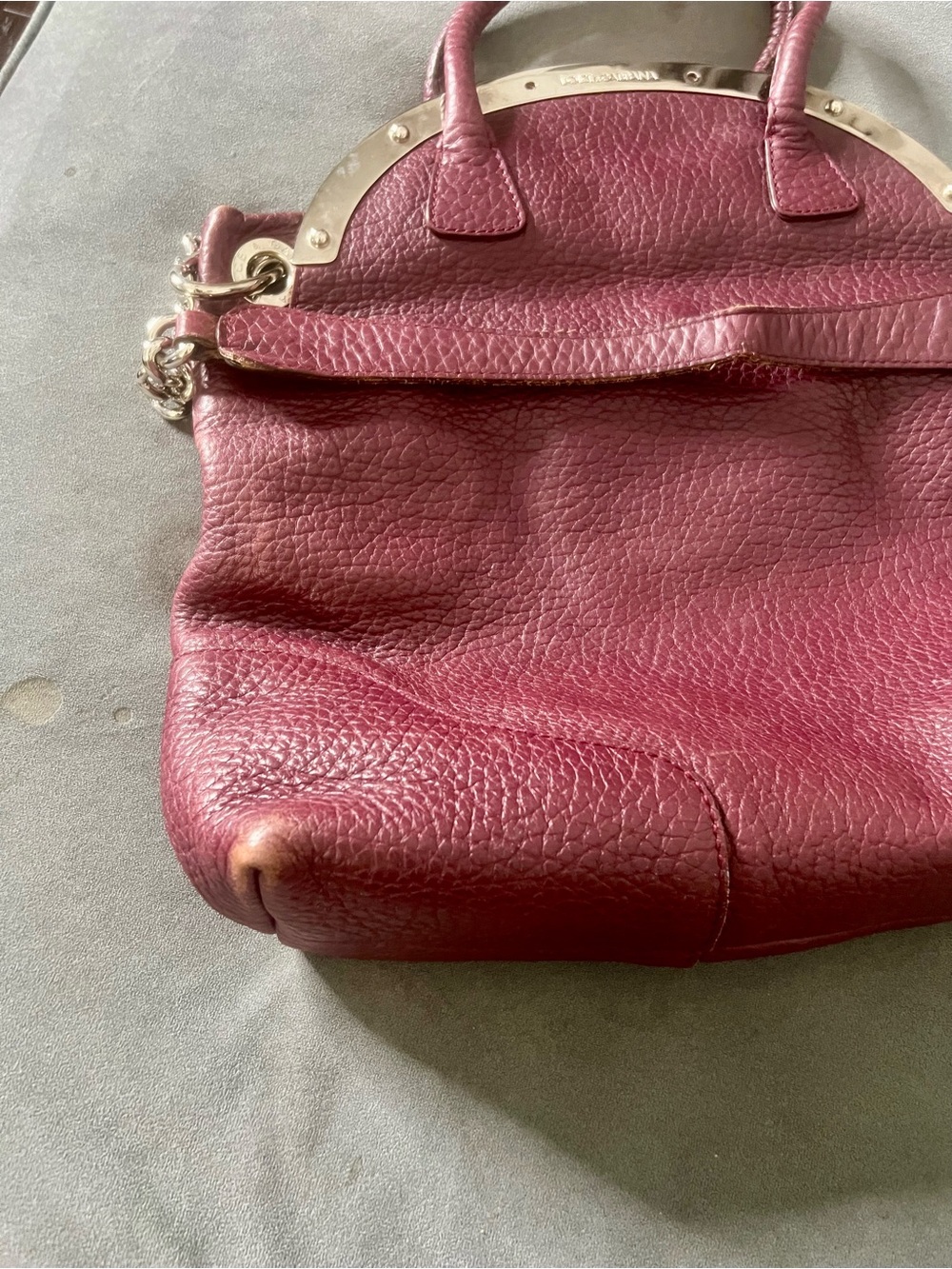 Dolce and Gabbana plum pebbled leather shoulder bag with silver hard ware. - Picture 12 of 14